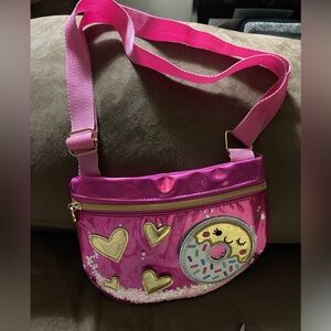 Pink Shiny Donut Crossbody Bag with Gold Hearts "Charm It" Brand Like New!